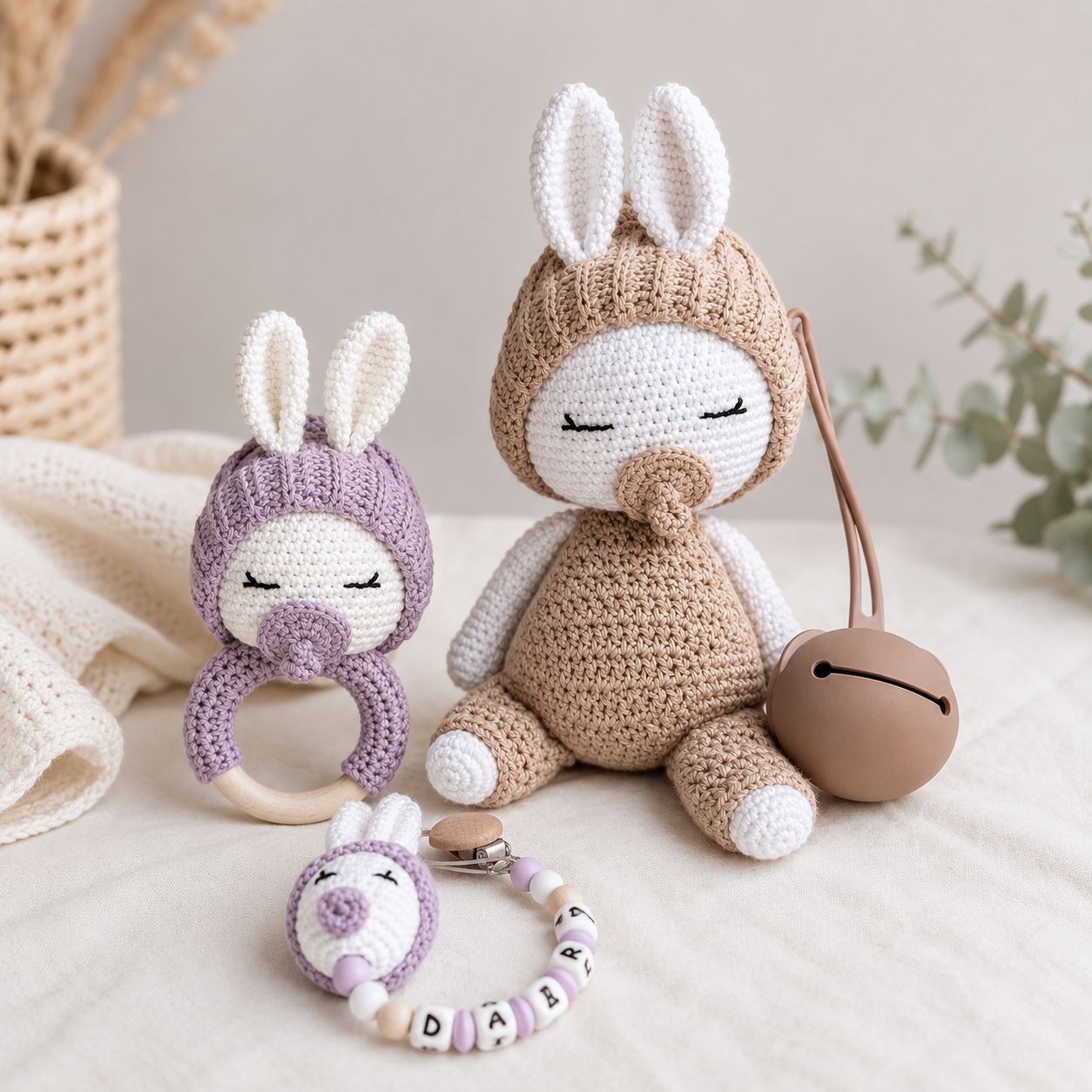 Pack Conejito de Crochet, Mordedor y Chupetero