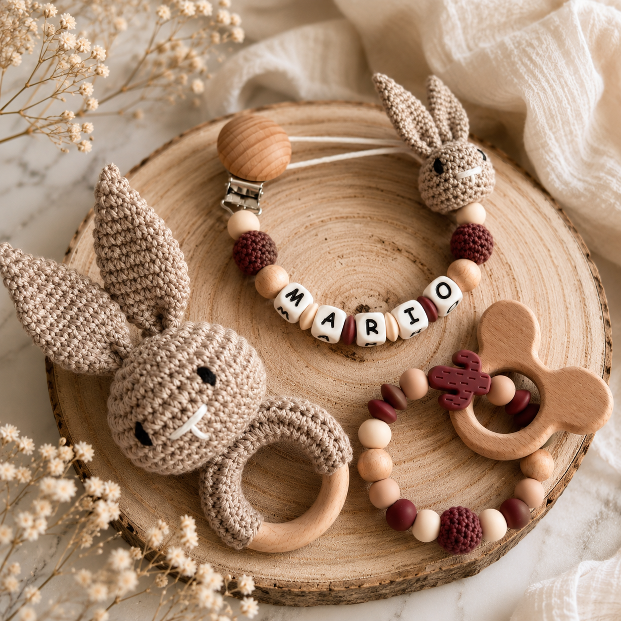 Pack Conejito de Crochet, Mordedor de Madera y Chupetero