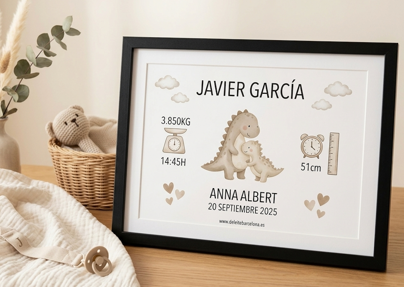 Lámina de Nacimiento Personalizada con Dinosaurios | Cuadro Personalizado para Bebé