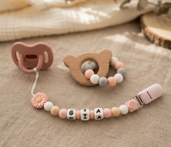 Chupetero Personalizado con Mordedor de Madera | Chupetero con Nombre para Bebé