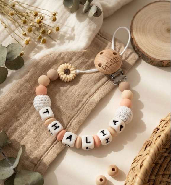 Chupetero Personalizado Crochet con Flor | Chupetero con Nombre para Bebé