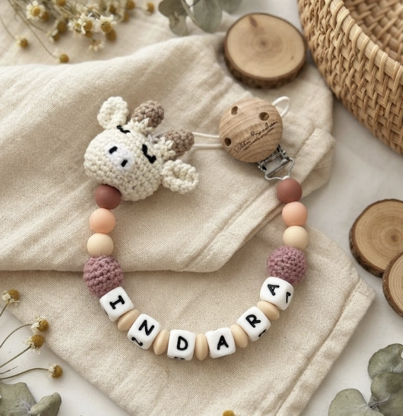 Chupetero Personalizado Jirafa de Crochet | Chupetero con Nombre para Bebé