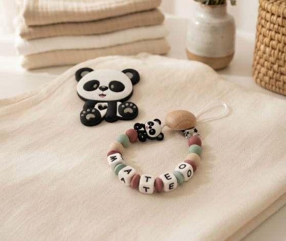 Chupetero Personalizado y Mordedor Panda con Nombre | Silicona Alimentaria