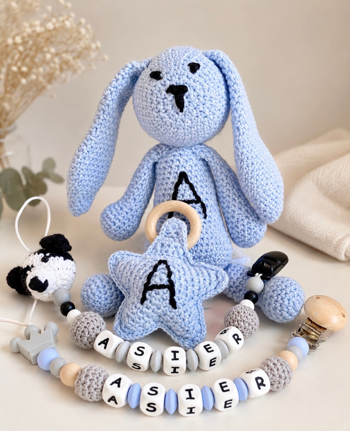 Pack de Conejito de Crochet, Mordedor y Chupetero